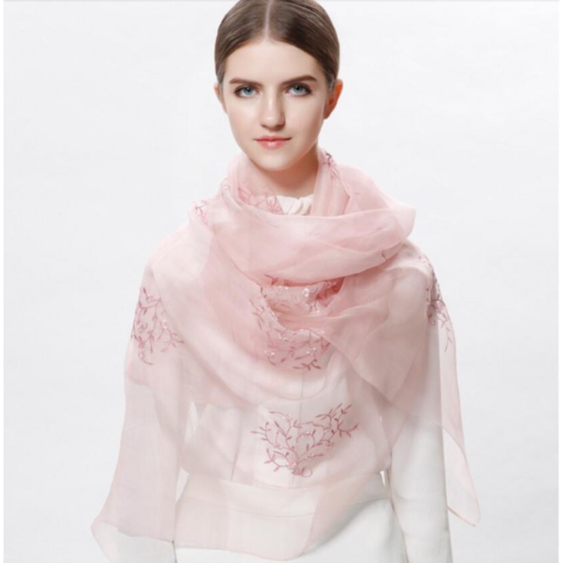 Wool Silk Scaves Pink Tree Butterfly Women Summer Scarf